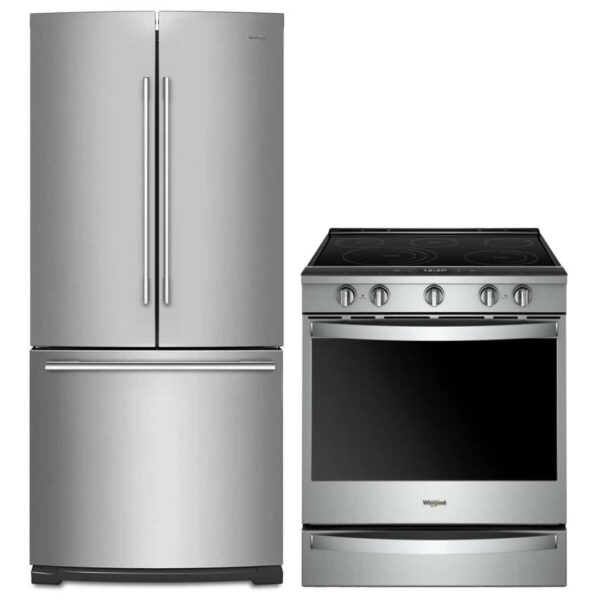 Combo Whirlpool - Réfrigérateur 30’’, Portes françaises. Cuisinière intelligente 30’’, Stainless