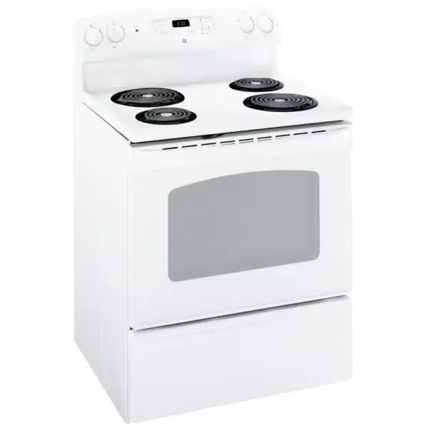 Cuisinière électrique GE – 30", 5 pi³, 4 brûleurs, Blanc - JCBS280DMWW